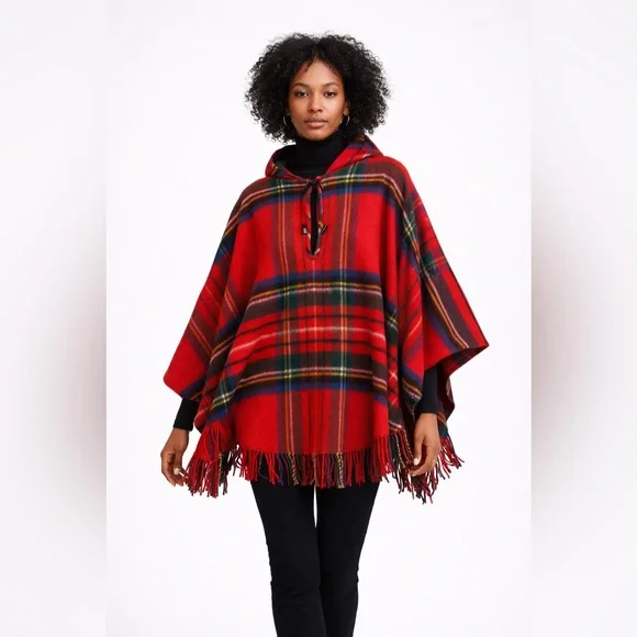 Vintage Edinburgh Woollen Mill Red Plaid Tartan Wool Poncho Cape Hooded Fringe - Picture 1 of 16